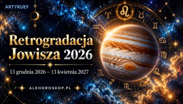 Retrogradacja Jowisza 2026–2027 – planeta Jowisz na tle złotego koła zodiaku z wyróżnionym symbolem Lwa.