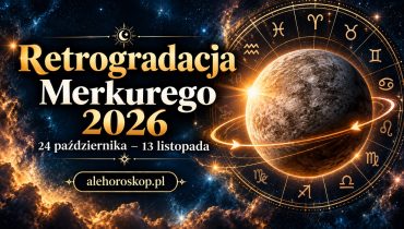 Retrogradacja Merkurego 2026 – ilustracja planety Merkury na tle gwiazd i symboli astrologicznych
