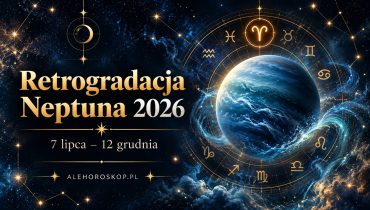 Retrogradacja Neptuna 2026 – niebieska planeta Neptun na tle kosmosu, astrologicznego koła zodiaku i wyróżnionego symbolu Barana.