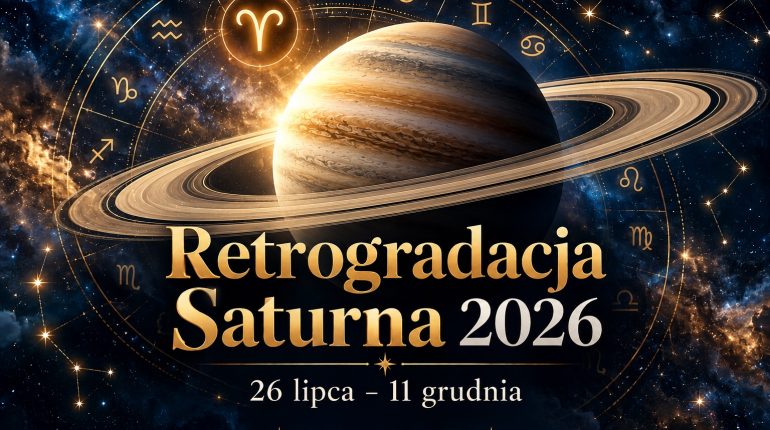 Retrogradacja Saturna 2026 – planeta Saturn z pierścieniami na tle kosmosu i symboli astrologicznych