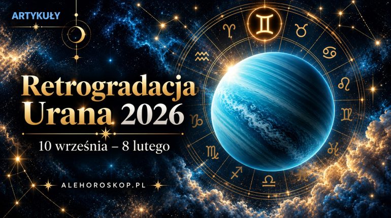 Retrogradacja Urana 2026–2027 – turkusowa planeta Uran na tle kosmosu, koło zodiaku z symbolem Bliźniąt i datą 2026.